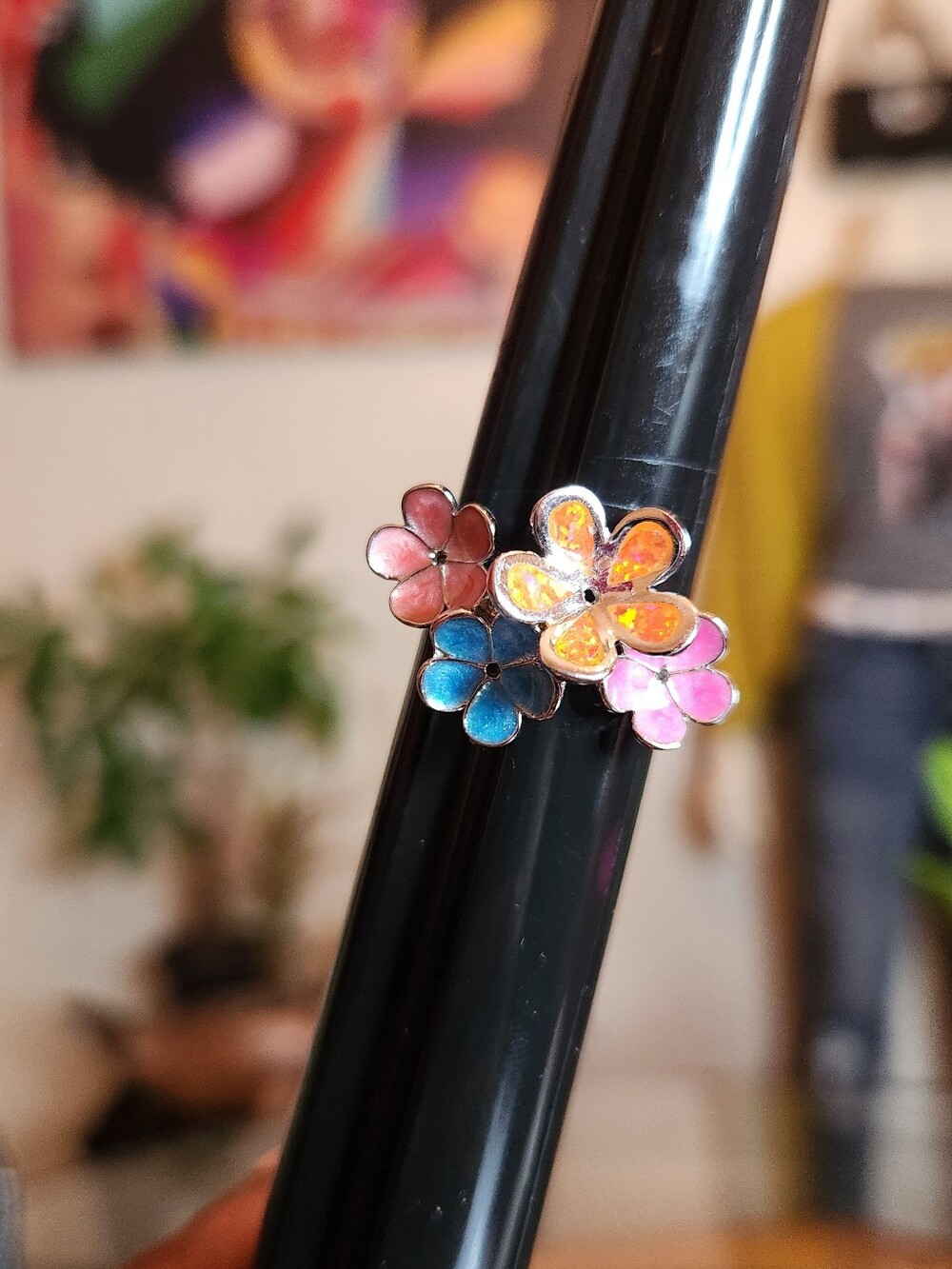 Sterling Silver Multicolor Enamel Floral Cluster Ring Size 9